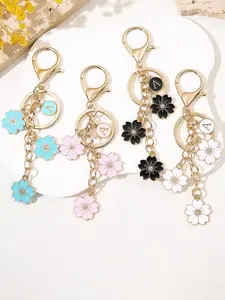 A Initial Keychain, Cherry Blossom Bag Charm with Gold Chain, Cute Enamel Flower Accessory for Backpack Purse, Great Personalized Gift for Spring Lovers
