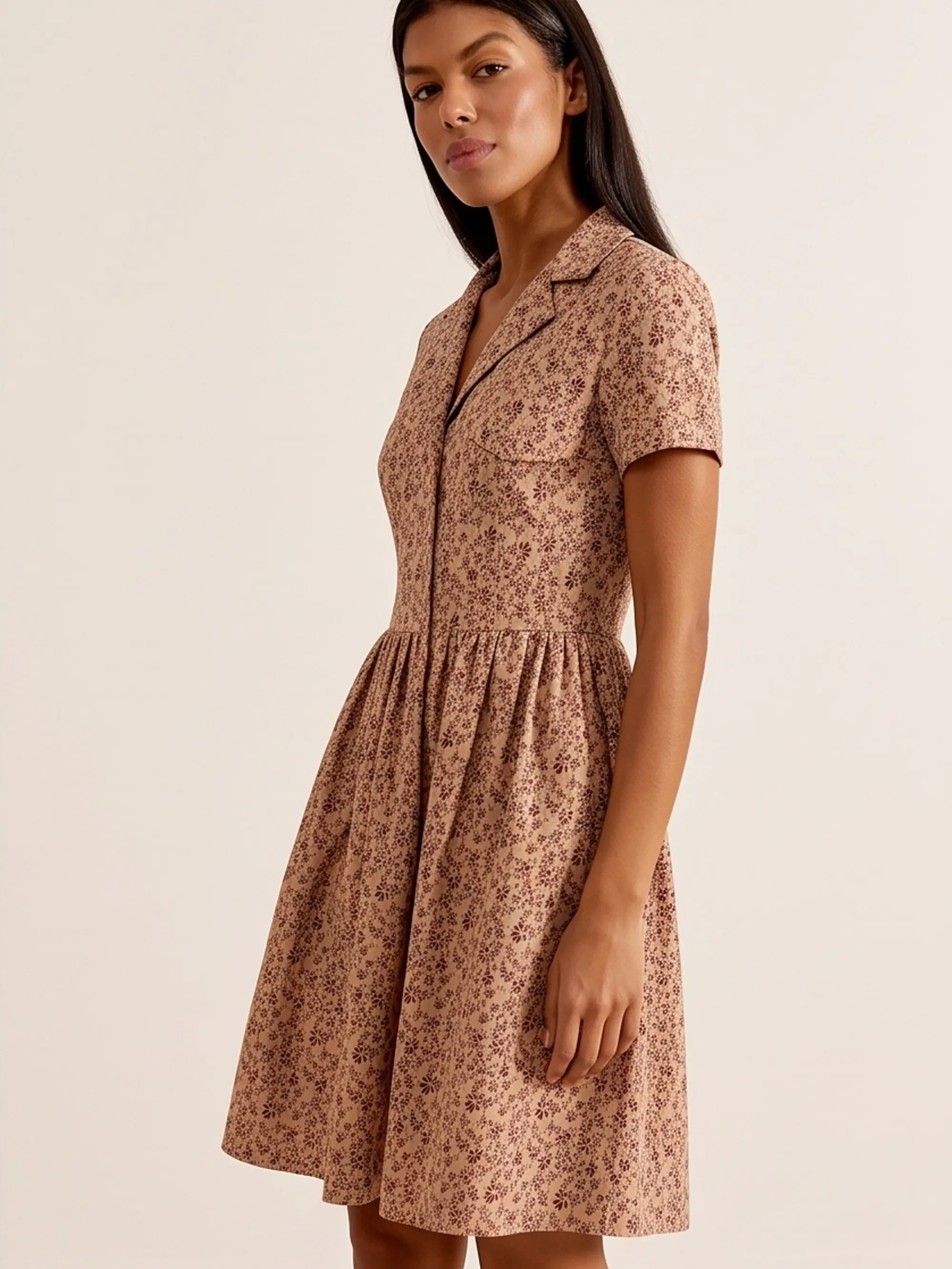 Brown Floral Linen Mini Dress by FemeAdor Collared Short Sleeve Dress - Cottagecore Summer Outfit Women