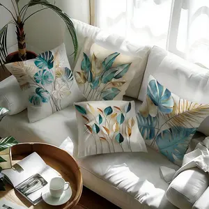 4pcs Ins-Style Luxury High-End Tropical Plant Pillow Covers Set: Monstera Leaf Teal & Gold Tone Decor Cushion Covers for Modern Minimalist Living Room Sofa & Bedroom Headboard Soft Decor, Washable Polyester Home Accents, Multiple Sizes Available, No Inser