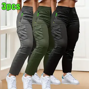 3-Pack women's multi-pocket thin overalls, four-season drawstring fashion pull-pocket design straight casual trousers, suitable for outdoor sports and daily appointments