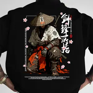 Men's Japanese Samurai Graphic Back Print T-Shirt, Streetwear Short Sleeve Top