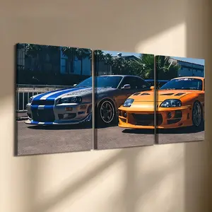 3 Pcs/Set Wooden-Framed Canvas Painting Car Pattern, Iconic JDM Sports Car Duo Triptych Canvas Wall Art, Blue/Orange Tuner Cars Print for Living Room, Bedroom & Man Cave, Garage, Office Decoration, Modern Home Decor, Fashion Artistic Ornaments, Artwork