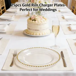 25 Pack Gold Charger Plates 12.6 Inch Clear PS Plastic Dinnerware for Wedding Banquet Party Decoration Table Setting Elegant Food Display Tray