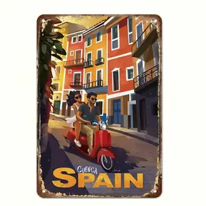 Retro Cuenca Spain Metal Sign - 8x12 in Vespa Scooter Colorful Street Travel Poster, Home & Bar Decor Wall Art Plaque