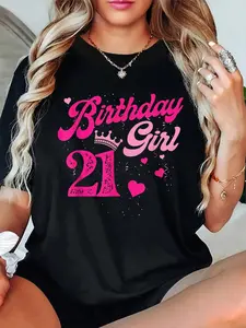 100% Cotton Unisex 21st Birthday Girl Crown 21 Years Old Bday T-Shirt , Printed Round Neck Short Sleeve T-Shirt Top