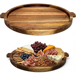 13" Round Acacia Wood Tray with 2 Built-in Handles Versatile Serving Board for Coffee Table, Parties & Daily Dining Large Charcuterie & Cheese Platter, Decorative Gift Tray