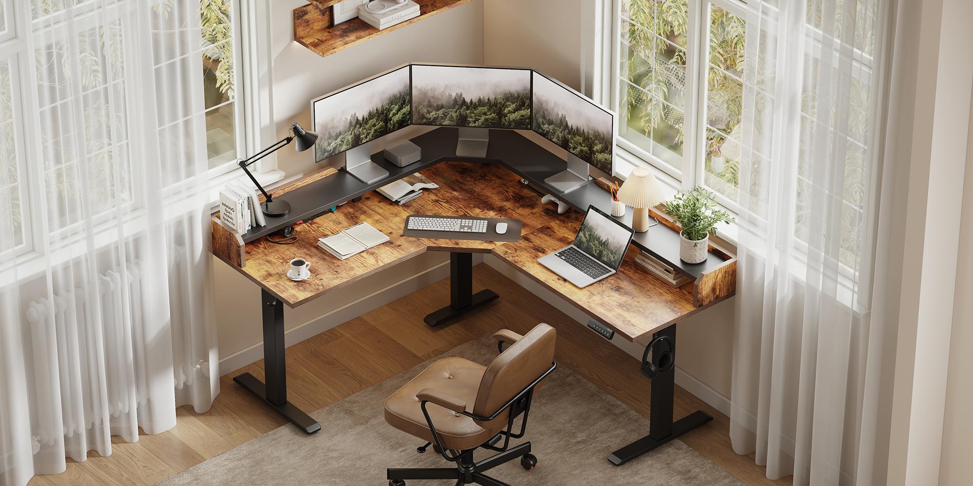 62.9" Electric L Shaped Standing Desk ,Adjustable Height Corner Desk with Monitor Shelf, Sit Stand Table for Home Office Computer Workstations,Splice Board,Gaming Desks Gifts for Men and Women,Rustic Brown/White/Black/Light Rustic Brown