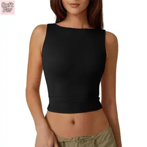 Women's Sexy Open Back Sleeveless Crop Tank High Neck Slim Fit Cropped Tee Shirt Y2k Tops Comfort Fabric