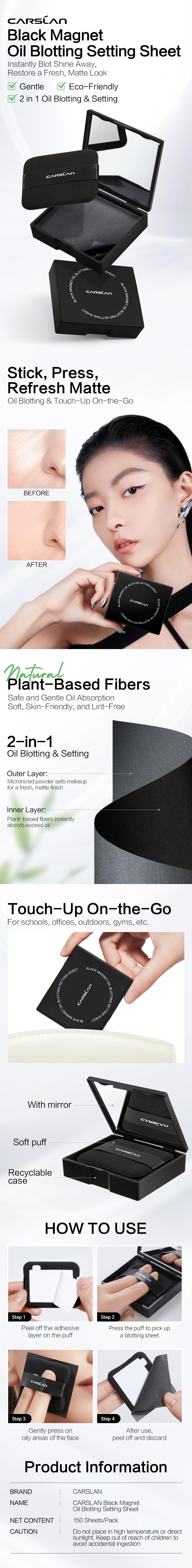 CARSLAN Black Magnet Oil Blotting Setting Sheet With Powder More Control Oil Keep Fresh 2 IN 1 Blotting Sheet with Mirror Puff & Recyclable Case 450 Sheets 1 Box 2 Refills CARSLAN Black Magnet Oil Blotting Setting Sheet With Powder More Control Oil Keep Fresh 2 IN 1 Blotting Sheet with Mirror Puff & Recyclable Case 450 Sheets 1 Box 2 Refills
