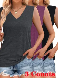 3 Pieces Women's Solid Color V Neck Sleeveless Vest Top , Casual Loose-Fitting Comfortable Fabric, Available in 6 Colors, Perfect for Daily Wear