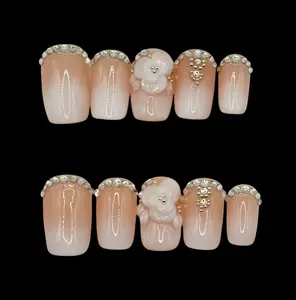 010 Baddie Couture Collection Square Bling Center Floral Nude French Tips with Elegant Rhinestone Accents