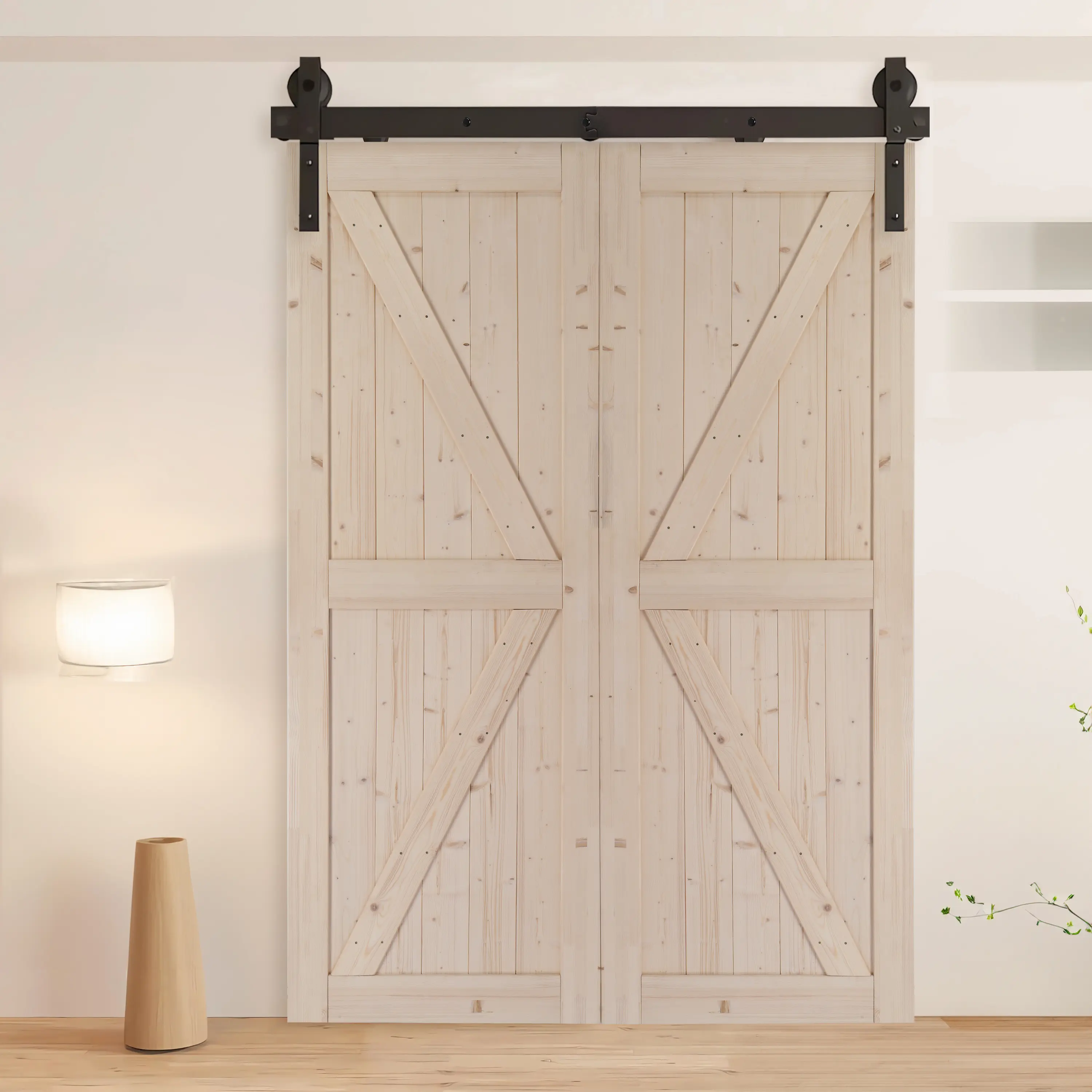 60" Heavy-Duty Bi-Folding Barn Hardware Kit (Without Door) for 2 Double Doors, 300lb Capacity, Industrial-Grade Carbon Steel, Matte Black J-Track, Smooth Operation, Easy Installation, Up to 56" Wide Fit, Concrete & Wooden Wall Mounting, Concrete Mounting,