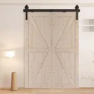 (without door)Heavy-Duty 60" Bi-Folding Barn Door Hardware Kit for 2 Double Doors, 300lb Capacity, Industrial-Grade Carbon Steel, Matte Black J-Track, Smooth Operation, Easy Installation, Fits up to 56" Wide, Concrete Mounting, Wooden Wall Mounting
