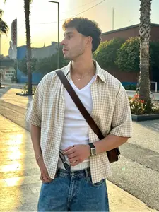 Men's Street Style Neutral Tone Plaid Checked Loose Summer Shirt, Comfortable Casual Wear, Trendy Fashion Top for Daily Streetwear