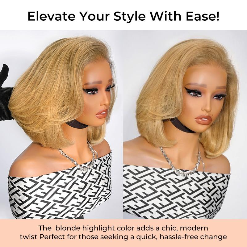 [Clearance]AliPearl Wigs Honey Blonde Pre Styled Straight Layered Glueless 13x4 Lace Front Wig Short Bob Ready to Go Pre Cut Pre-Plucked Wig Human Hair 180% Density