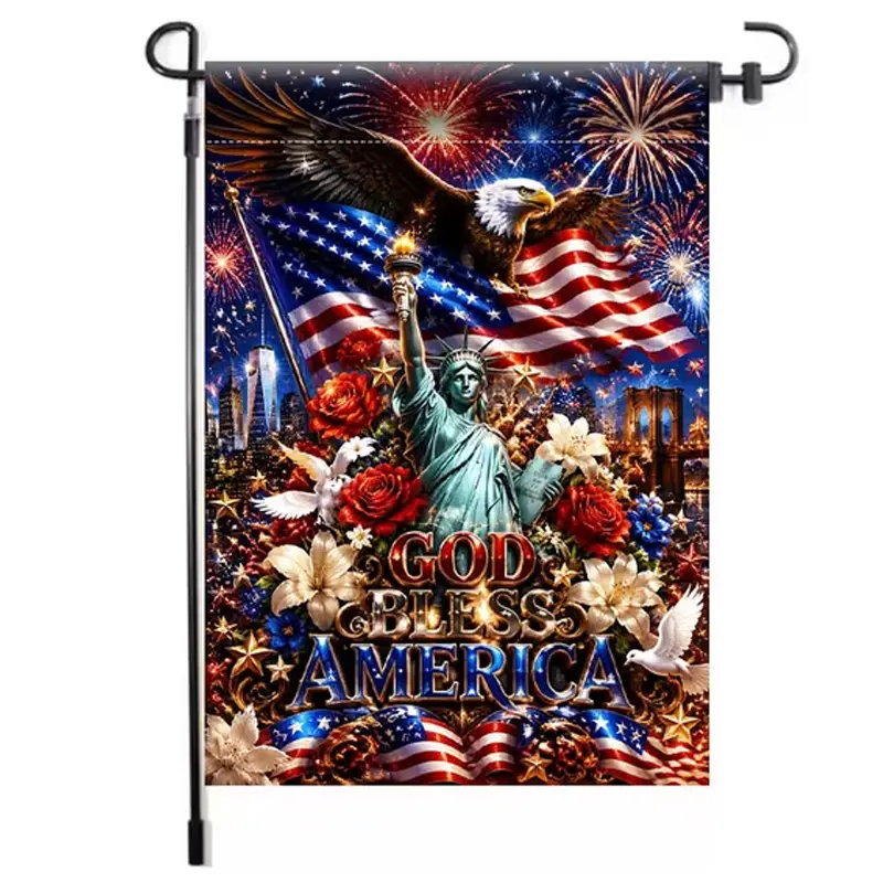 4th of July Patriotic Decorative Eagle Festive Flag, God Bless America Outdoor Lawn Garden Flag with Bald Eagle, Statue of Liberty, Floral, Firework Designs, 2D Flat Print Independence Day Porch Home Decoration Easy to Display