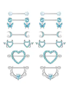 6 Pairs 14G Nipple Bars for Women - Surgical Steel Piercing Kit With Tongue Bar Set - Cute Butterfly, Heart, Flower, Moon Dangly Barbells - Blue Body Piercing Jewelry