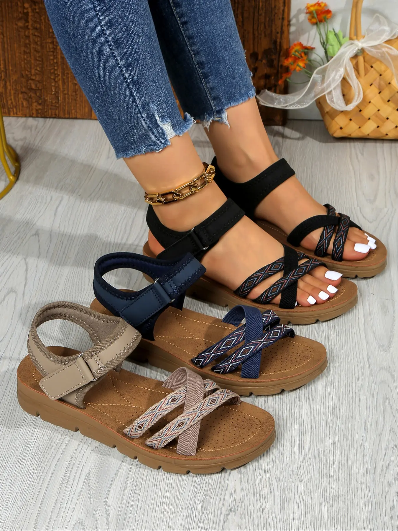 Lightweight Comfortable Casual Sandals, Open Toe Wedge Shoes, Women, Medium Width, Plain Pattern, Less Than Ankle Height, Textile Upper, PU Sole, Boho Sandals, Boho Style Sandal, Wedged Sandals
