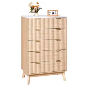 summervibes 5-Fluted 5-Drawer Wooden Dresser Chest with Sliding Anti-Tip Device, Modern Minimalist Closet Storage Organizer for Living Room, Bedroom, Five Drawers