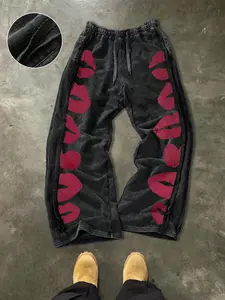 Men's Casual Loose Cotton Sports Pants, Lip Print, Street Style, Athleisure Design, Drawstring Waist, Ankle Length, Casual Fitness Pants, Summer Outdoor Bottoms, All Seasons, Ideal Gift
