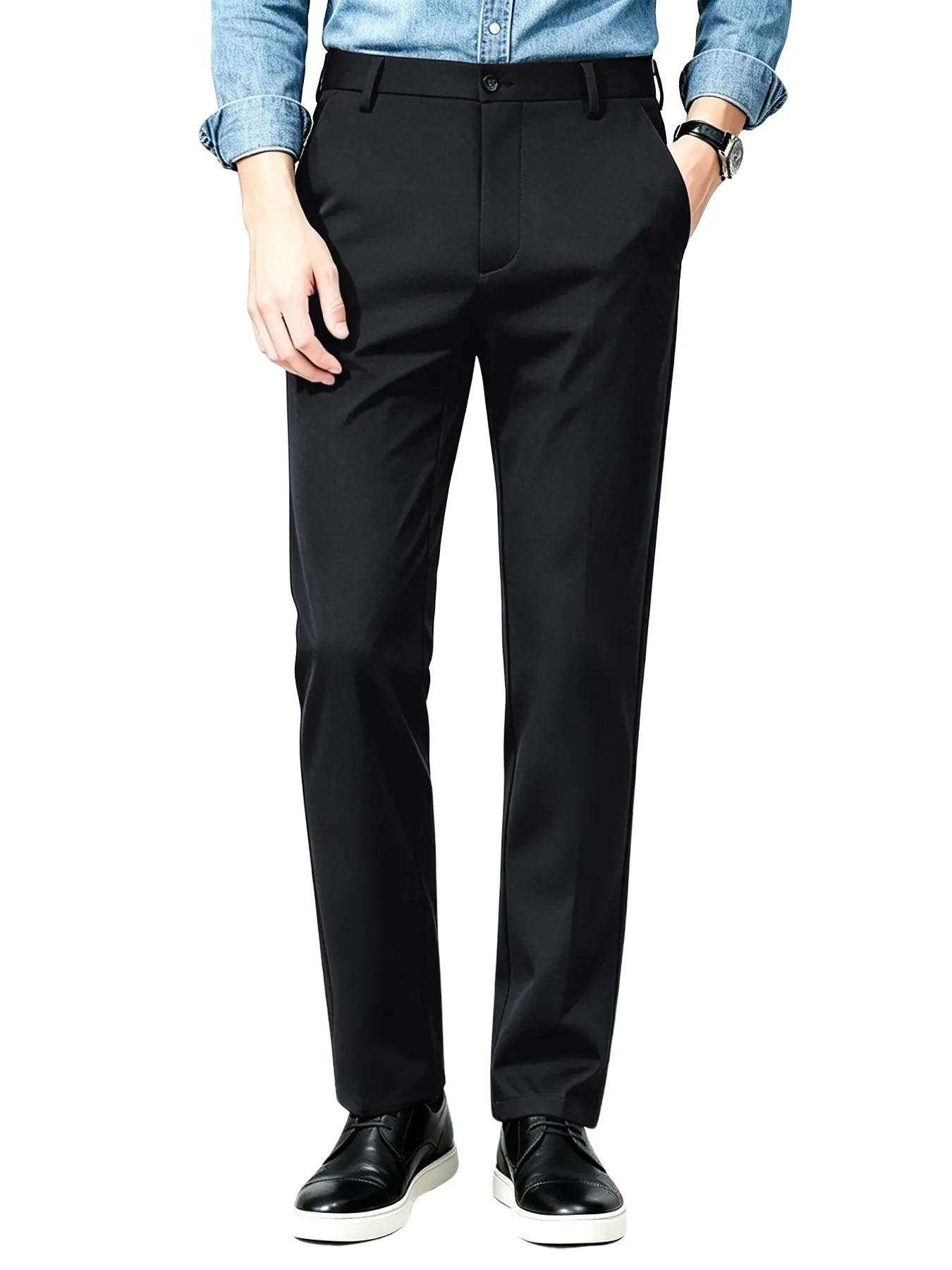 Men's Elastic Dress Pants, High Stretch Wrinkle-Resistant Fabric, Mid Waist Button Fly, Slim Fit, Business, Casual & Formal, All Seasons