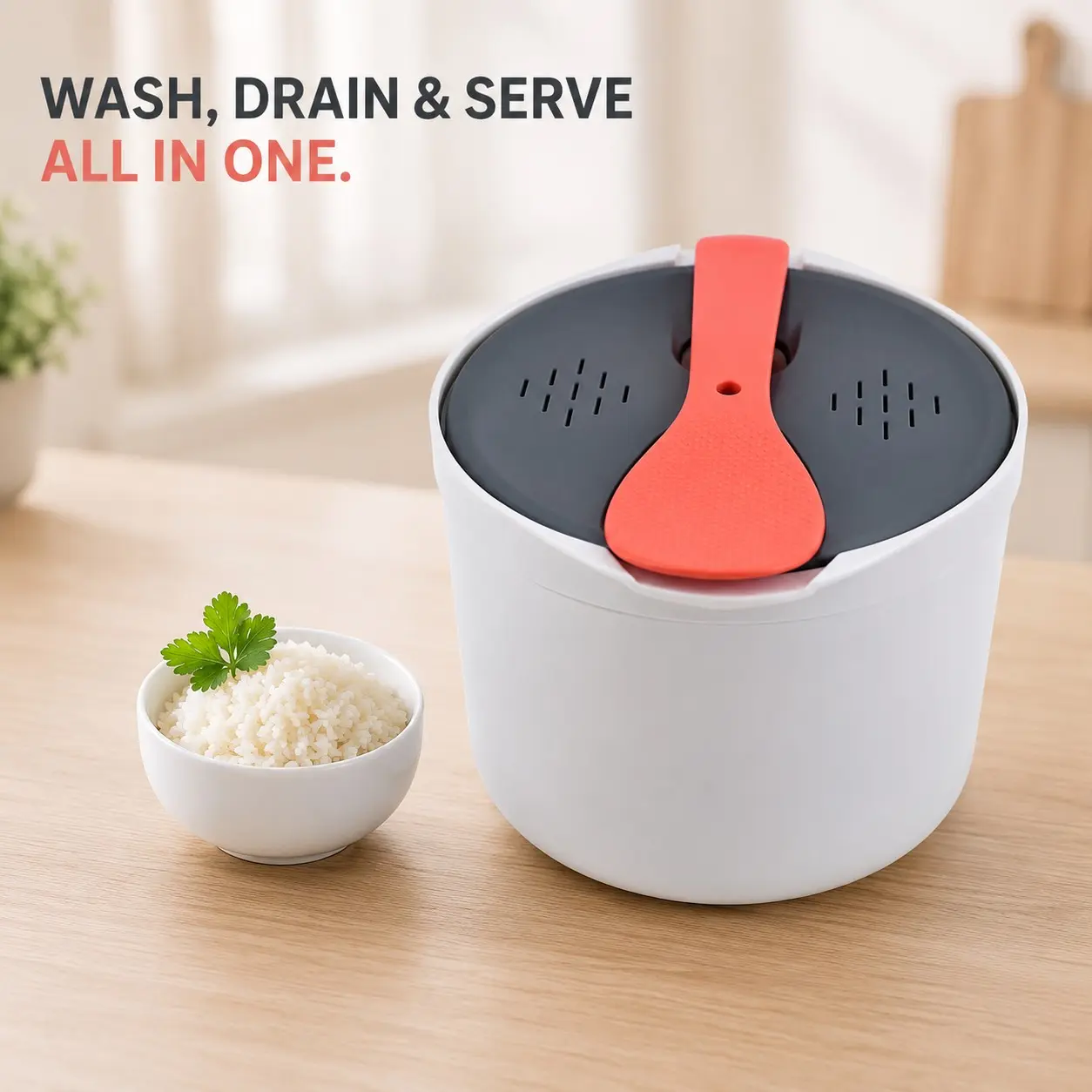 2L Microwave Rice Cooker & Steamer with Strainer, Microwave Pasta Cooker for Rice, Pasta, Vegetables, Quinoa, Oatmeal & Ramen, Non-Stick Microwave Cooking Container