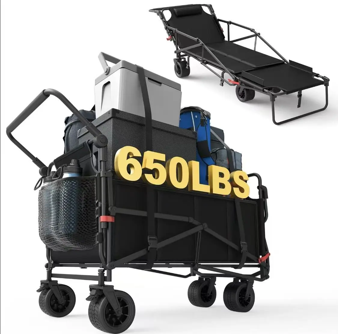 2-in-1 Alloy Steel Heavy-Duty Cart & Chair - 65OLBS Capacity, Adjustable Backrest, All-Terrain Portable Folding Trolley for Groceries, Camping Furniture