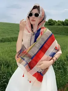 Women's Fashion Striped Scarf Colorful Beard Design Multi-Functional Headscarf Suitable for Outdoor Travel Sun Protection Turban Hijab