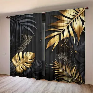 2pcs Black Gold Monstera Pattern Digital Print Curtains, Semi-Transparent Polyester, Fade Resistant, Hand Washable, Home Decor