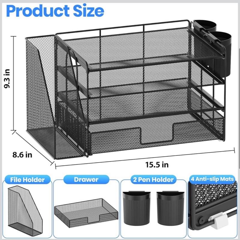 OPNICE Desk Organizer, 4-Tier Desktop File Organizer with Drawer and 2 Pen Holders, Office Desk Accessories, File Sorters, Workspace Organizers for Office Supplies(Black)