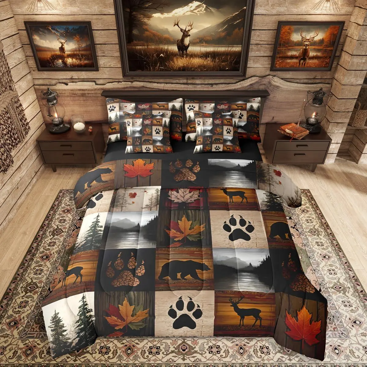 Feelyou 7-Piece Bear Cabin Plaid Beddingset - Breathable Microfiber Duvet Set with Bed Sheet Sets, Retro Hunting Deer & Country Woodland Pine Tree, Maple Leaf Decorative Bedding for Adults, Beddingsets, Breathable Duvet Set