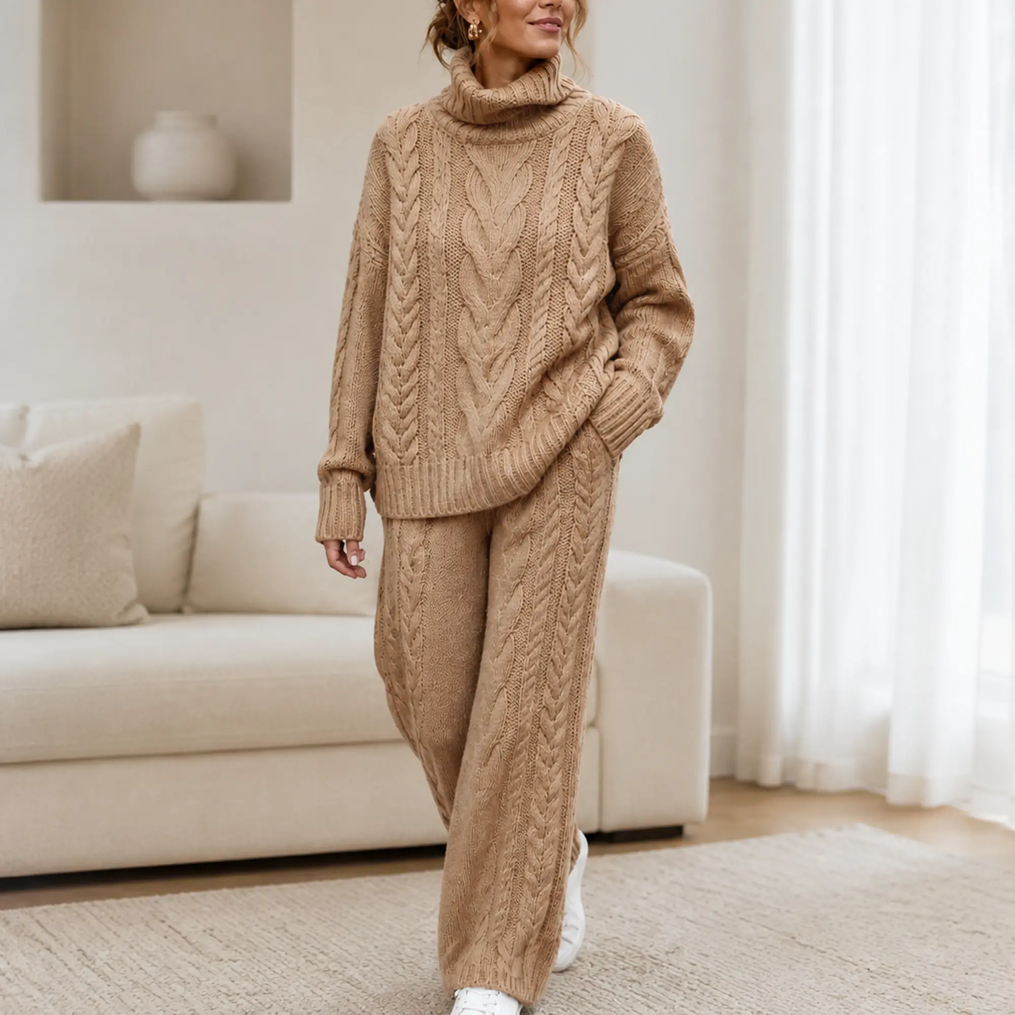 Women's 2-Piece Basic Long Sleeve Knit Clothes Set - Soft, Anti-Pilling, Thick Knit, Casual Lazy Chic Loungewear for Daily Wear, Home Use
