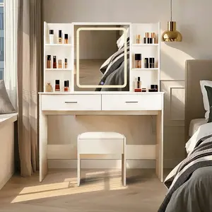 42.5in Vanity Desk with Mirror and Lights, Makeup Vanity with 2 Drawers and 6 Storage Shelves, 3 Lighting Modes Adjustable Brightness, Vanity Set with Power Outlet & Cushioned Stool for Bedroom, White