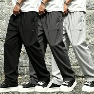 Men's Relaxed Fit Polyester Baggy Pants - Mid-Waist Plain, Drawstring Elastic Waistband, Lightweight Breathable Male Clothing for Casual Outdoor, Everyday Wear - Beige Mensfashion Trousers
