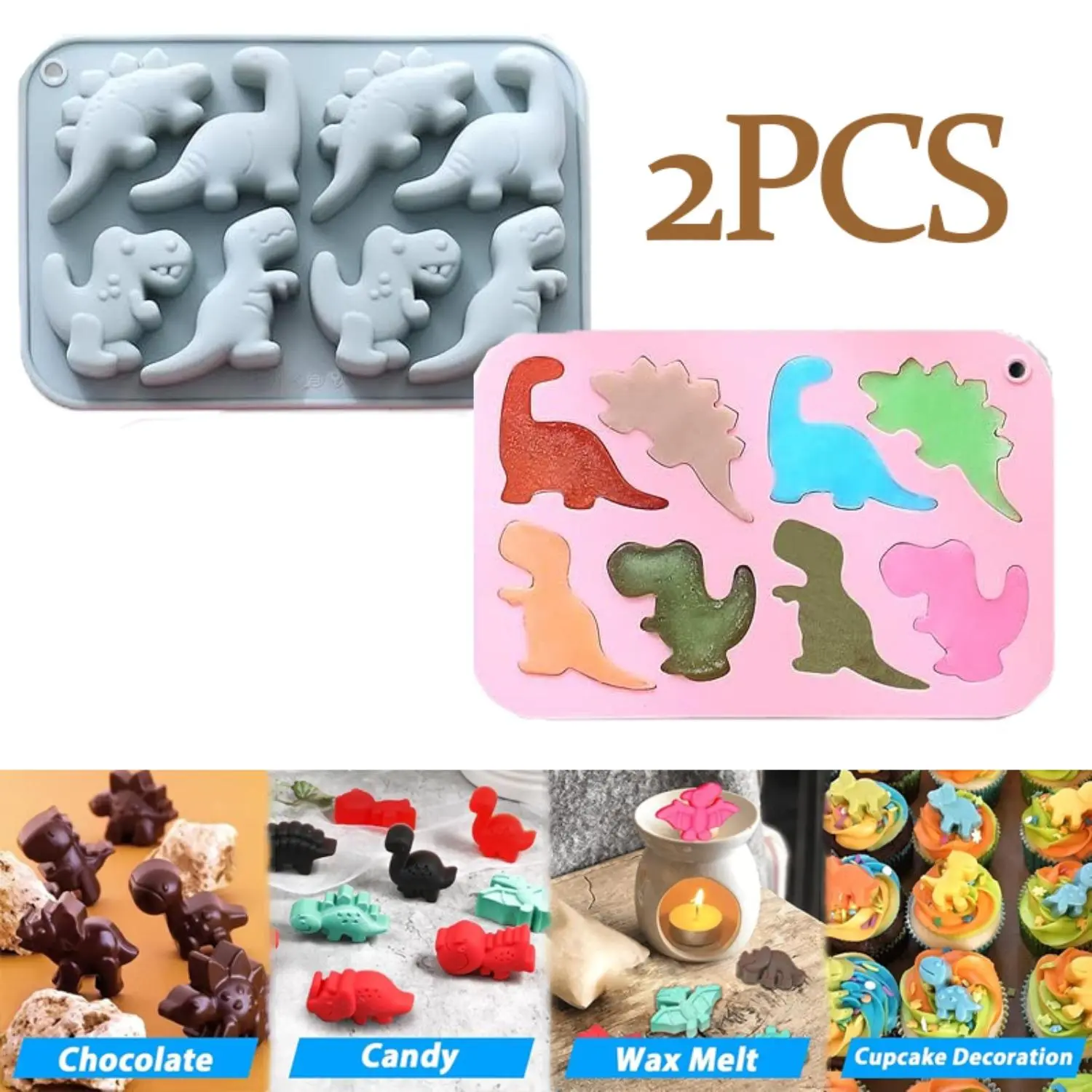 2-Pack Reusable Flexible 3D Cute Dinosaur Silicone Baking Molds Tray, DIY Home & Party Supplies Tool for Chocolate, Cake, Cupcake Toppers, Handmade Soap, Festive Cake Decorations Gift