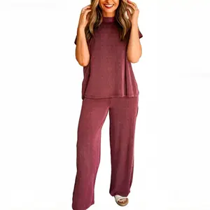 Asvivid Women's Twisted Ribbed Mock Neck Loose Short Sleeve Tee Tops Elastic High Waist Loose Pant Set Womenswear Textured Rib Casual Comfortable Outfit Clothes 2pcs Suits Bottom Everyday Elegance
