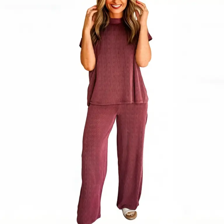 Asvivid Women's 2-Piece Textured Rib Outfit - Twisted Ribbed Mock High Neck Short-Sleeve Shirt, Elastic High-Waist Loose Pants, Casual Comfortable Everyday Elegance Womenswear Set