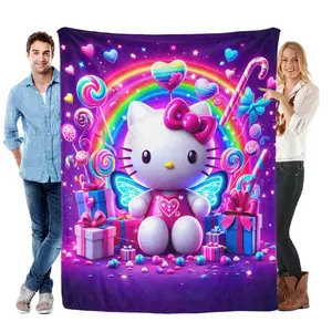Sanrio HelloKitty Flannel Blanket, Soft Comfortable Adorable 2D Pattern Blanket for Sofa,Office, Car and Bed