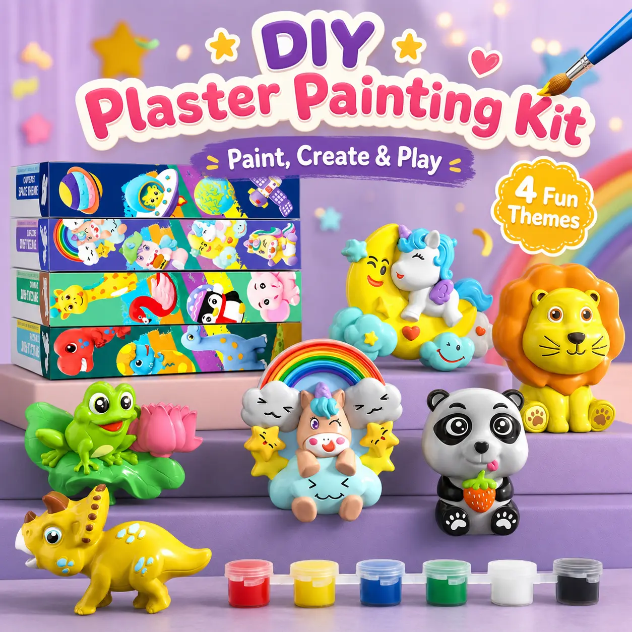Paint Your Own Figurines Kit for Kids – 7 Plaster Figures, 6 Paint Colors & 2 Brushes, DIY Arts and Crafts for Boys & Girls Ages 3-8, Birthday Party Favors, Stocking Stuffers, Classroom Activities & Rainy Day Fun