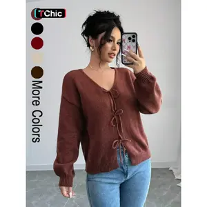 Women's Loose-Fit Shoulder Strap Sweater Cardigan, Solid Butterfly Knot Design, Casual Long Sleeve V Neck Knitwear for Spring & Fall