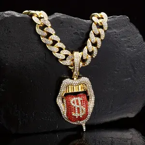 Iced Out Red Dollar Tongue Pendant Necklace Alloy Rhinestone Hip Hop Cuban Chain Party Club Streetwear Daily Wear Statement Jewelry For Men Women Teens Trendy Fashion Gift
