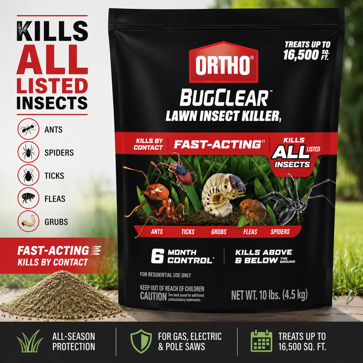 BugClear Lawn Insect Killer1 - Lawn Bug Killer Granules, Kills Ants, Spiders, Ticks, Fleas, & Grubs, Treats up to 16,500 sq. ft., 10 lb.