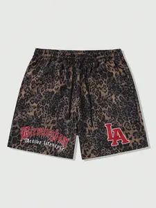 Men's Dark Leopard Print LA Graphic Shorts, Elastic Drawstring Waist Loose Streetwear Bottoms, Retro Y2K Summer Shorts, Fashion Casual Shorts for Street Style & All-Day Daily Wear