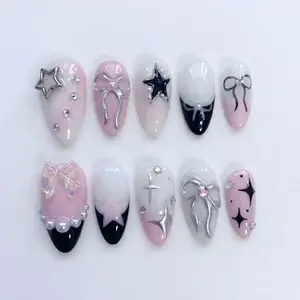 Y2K Bow Press On Nails | Pink Almond Bow Nails | Cute Star Accent Nails | Handmade Press On Nails