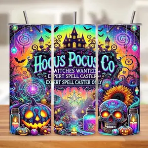 Witches Wanted HP 20oz Tumbler - Hocus Pocus Expert Spell Caster Design with Colorful Halloween Elements and Skulls