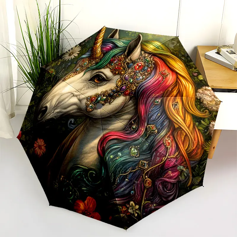 1 PC Automatic Folding Umbrella - Fantasy Unicorn with Jeweled Mane Pattern, Portable & Foldable Design with 8 Ribs, Merry Christmas Pattern,Casual Outdoor Accessory Halloween and Christmas Birthday Gifts. E0091
