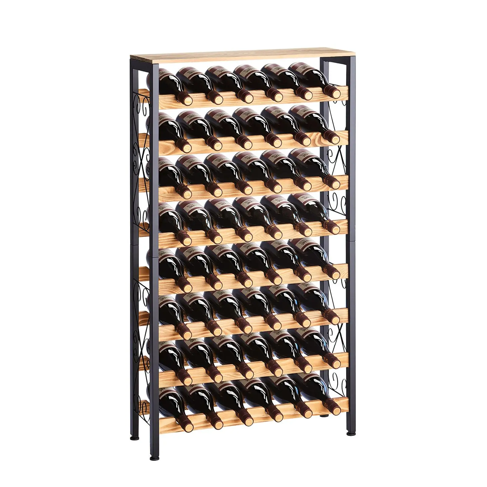 VEVOR Carbonized Iron & Wood Wine Rack, 48-Bottle 8-Tier Freestanding Floor Storage Shelves with Wave-Shaped Carbonized Wood Table Top, Adjustable Feet, Sturdy Waterproof Structure, for Kitchen, Bar, 26''L x 9.3''W x 46.9''H