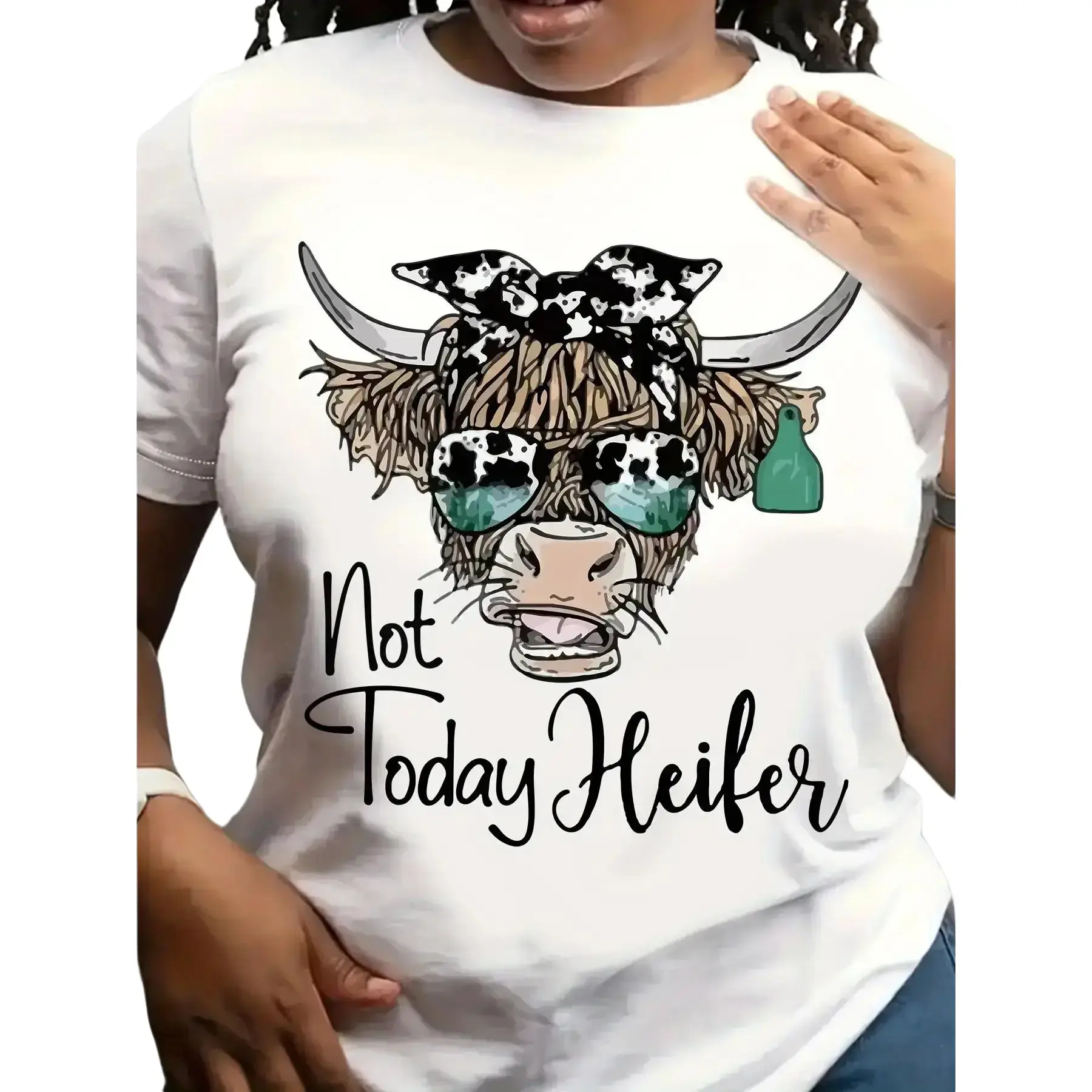 Women's "Not Today Heifer" Funny Western Cowgirl Sports Top - Round-Neck, Comfort-Fit, Easy-Care Recycled Poly All-Seasons Tee with Colorful Glasses, Bull-Head, Highland Cow Slogan & Alphabet Print for Daily Outfits, Themed Events