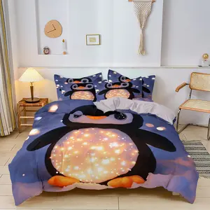 Three-Piece Bedding Set Includes 1 Quilt + 2 Pillowcases, Cute Penguin Design & Starlight Theme, Comfortable Bedroom Accessories