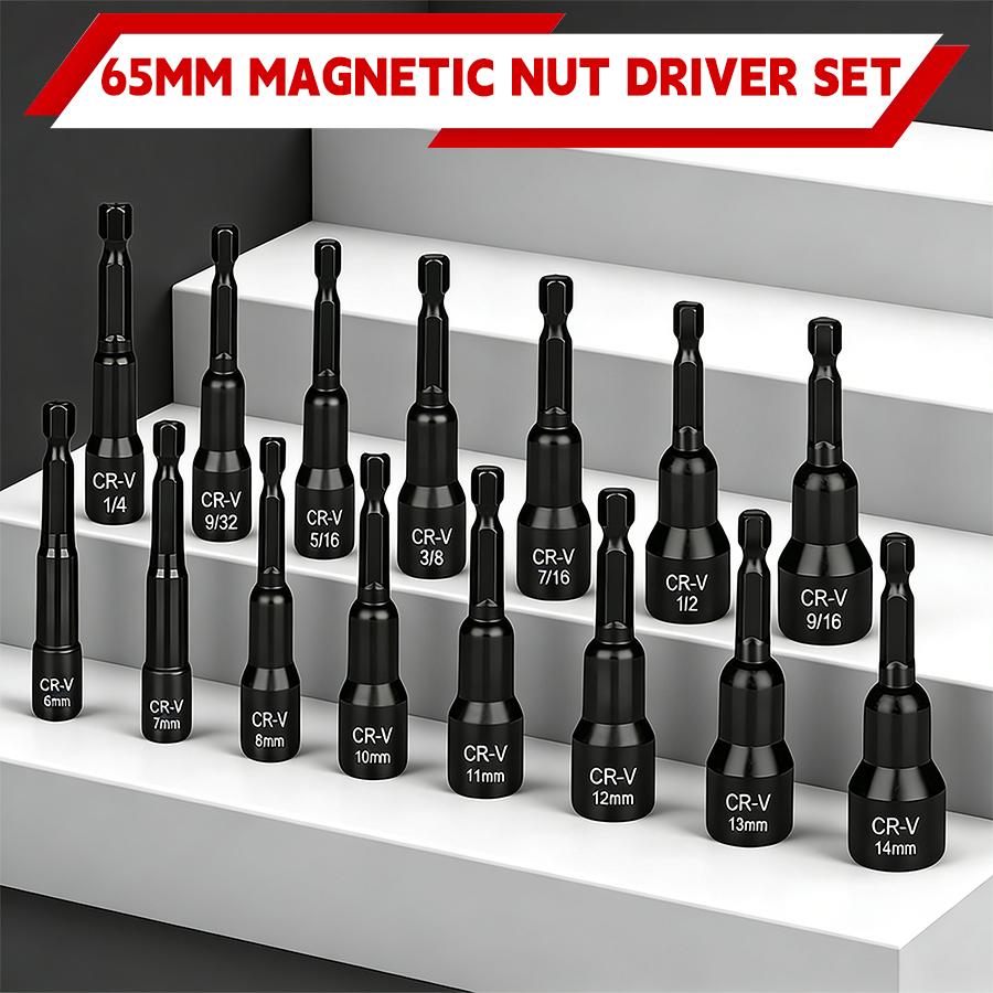 15-Piece Magnetic Nut Driver Set Chrome Vanadium Steel 1/4" Hex Shank Impact Resistant SAE 1/4"-9/16" Metric 6-14mm Hand Tools for Auto Repair, Home Maintenance, Furniture Assembly and Garage Workshop